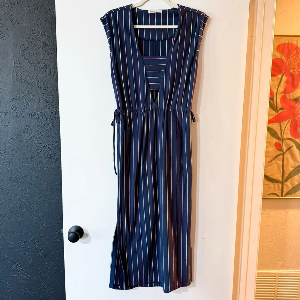 Marine Layer Roxanne Dress Navy Rainbow Stripe Size Small - Picture 2 of 6